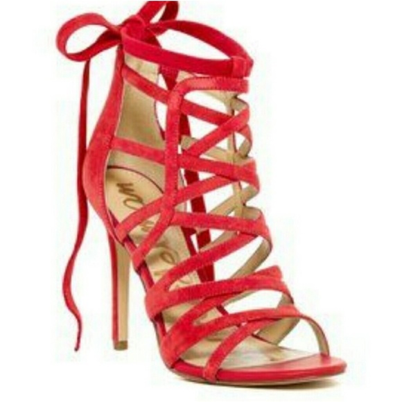 Sam Edelman Alba Red Suede Leather Strappy Caged Open Toe High Heel Sandals 9 - Picture 2 of 13